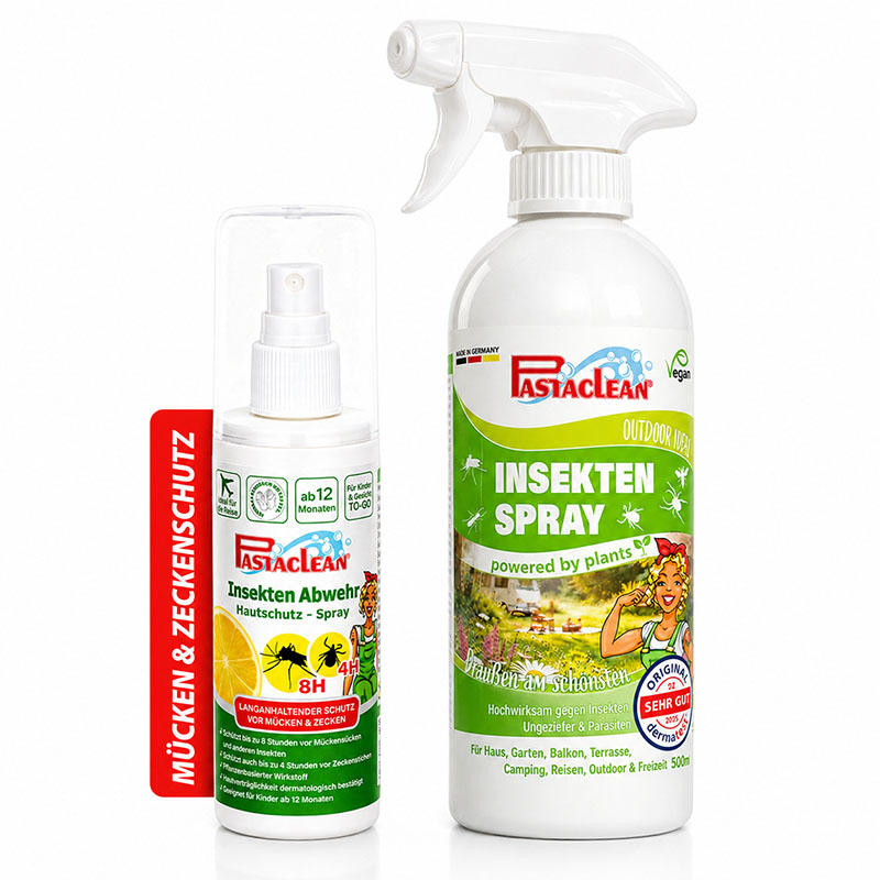 Pastaclean Mückenschutz Bundle mit Mücken- & Zeckenspray für die Haut 100 ml und Insektenspray für die Umgebung 750 ml, vegan, für langanhaltenden Schutz vor Insekten, geeignet für Haus, Garten und Outdoor-Aktivitäten.