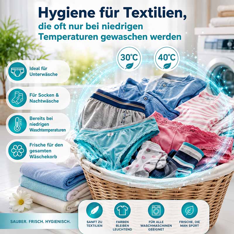 Wäschefreund Hygienespüler 1,5 Liter, ideal für Unterwäsche und Socken, Hygiene bei niedrigen Temperaturen, geeignet für alle Waschmaschinen, frische Textilien, sanft zu Stoffen, leuchtende Farben, frische Wäsche.