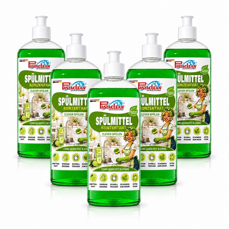 Pastaclean Spülmittel Konzentrat fettlösendes Geschirrspülmittel mit Schnell-Trocken-Formel für streifenfreien Glanz, geeignet für sparsames und energieschonendes Spülen, 5x 500 ml Flaschen, Limettenduft
