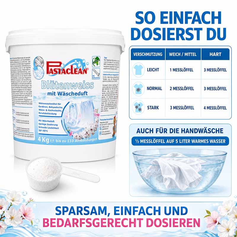 Pastaclean Blütenweiss Weißwaschmittel mit frischem Wäscheduft, geeignet für Gardinen, Baby-, Weiß- und Kochwäsche sowie Berufsbekleidung, 4Kg Packung bis zu 133 Anwendungen