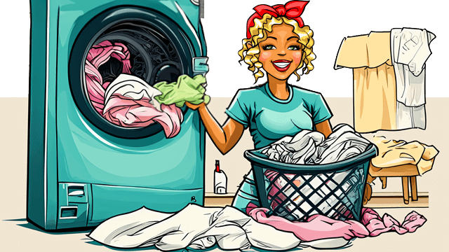 Miss Pastaclean holt saubere Wäsche aus der Waschmaschine