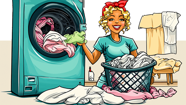 Miss Pastaclean holt saubere Wäsche aus der Waschmaschine Miss Pastaclean holt saubere Wäsche aus der Waschmaschine