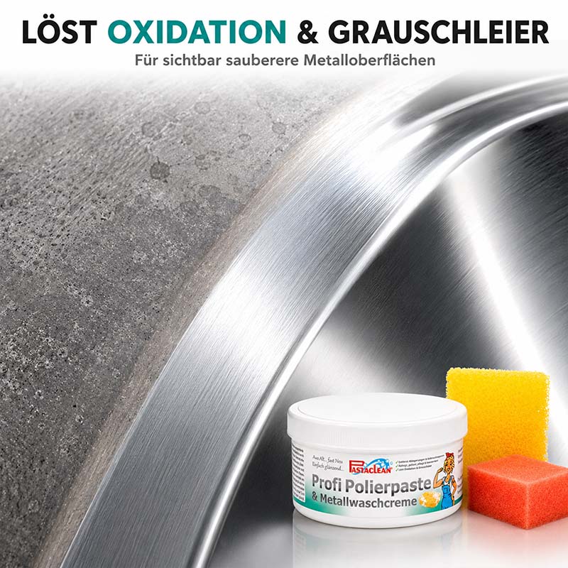 Profi Polierpaste 500g, Metallwaschcreme, entfernt Oxidation und Grauschleier, sichtbar saubere Metalloberflächen, mit zwei Reinigungsschwämmen, für Haushalt und Werkstatt, ideal für Metallpflege und Reinigung, Hochglanzpolitur.