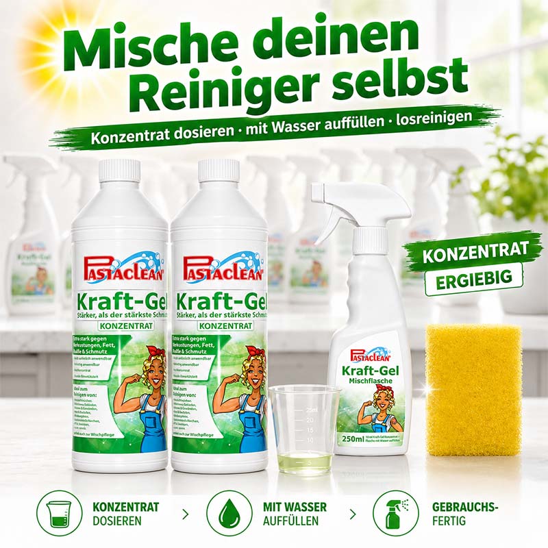 Pastaclean Kraft-Gel 1 l Konzentrat mit Reinigungshandschuh zur Entfernung von Fett, Kalk und Schmutz; Dosierung mit Wasser auffüllen; ideal für Haushaltsreinigung und vielseitigen Einsatz.