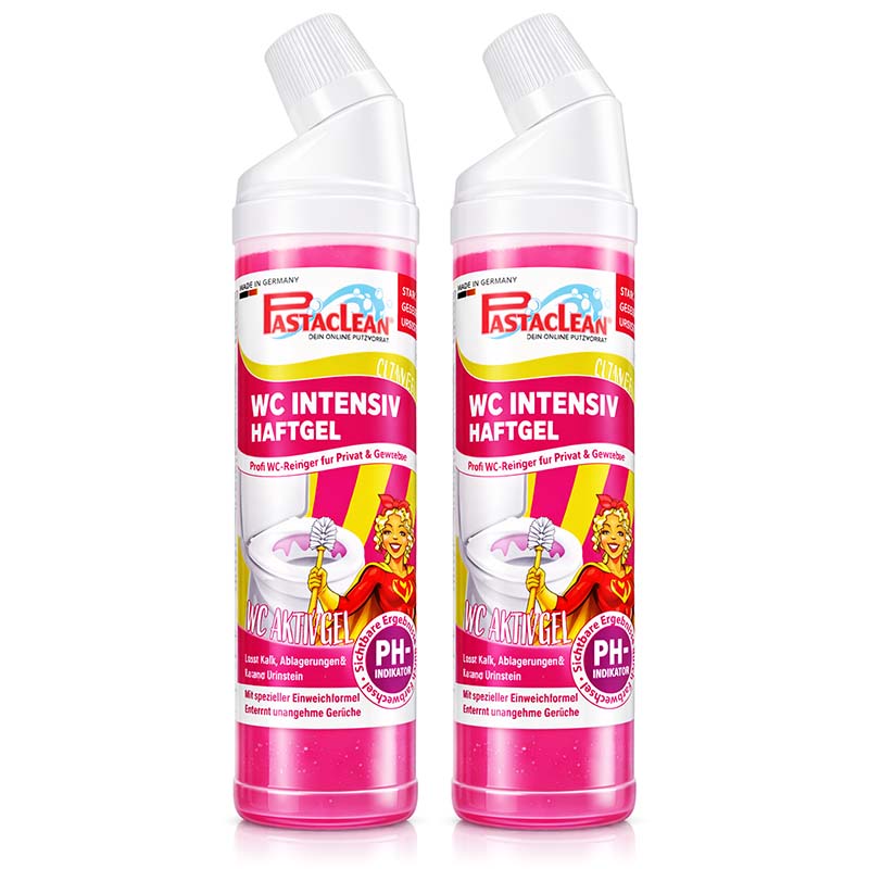WC Reiniger stark gegen Urinstein und Kalk, 2x 750 ml, WC Intensiv Haftgel, Farbwechsel-Aktiv-Formel, Pastaclean, Reinigungsmittel, Toilette, Kalkentferner, Urinsteinentferner, pH-Indikator, Reinigungsgel, für Privat und Gewerbe, Geruchsentfernung
