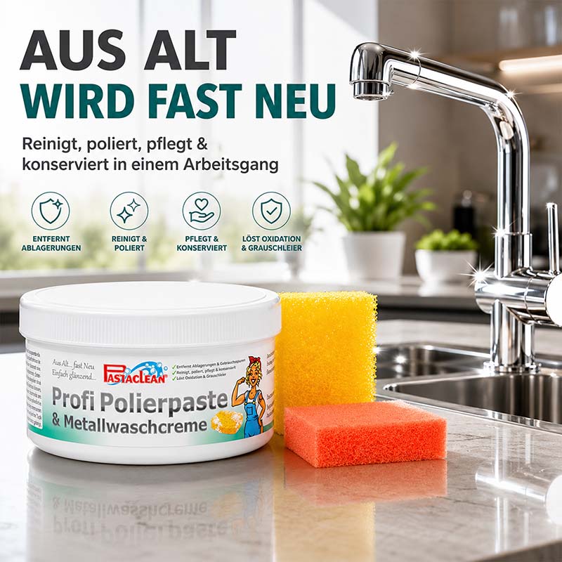 Profi Polierpaste 500g für Reinigung Politur Metall, entfernt Ablagerungen, pflegt und konserviert, löst Oxidation, Grauschleier, enthält Metallwaschcreme, geeignet für Küchenarmaturen und Oberflächen.