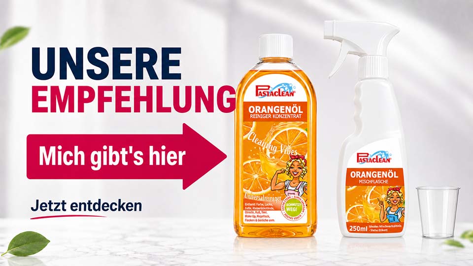 Pastaclean Orangenöl Reiniger Konzentrat und Mischflasche zur universellen Reinigung von Flächen, Böden und Textilien, ideal für frischen Duft im Haushalt.