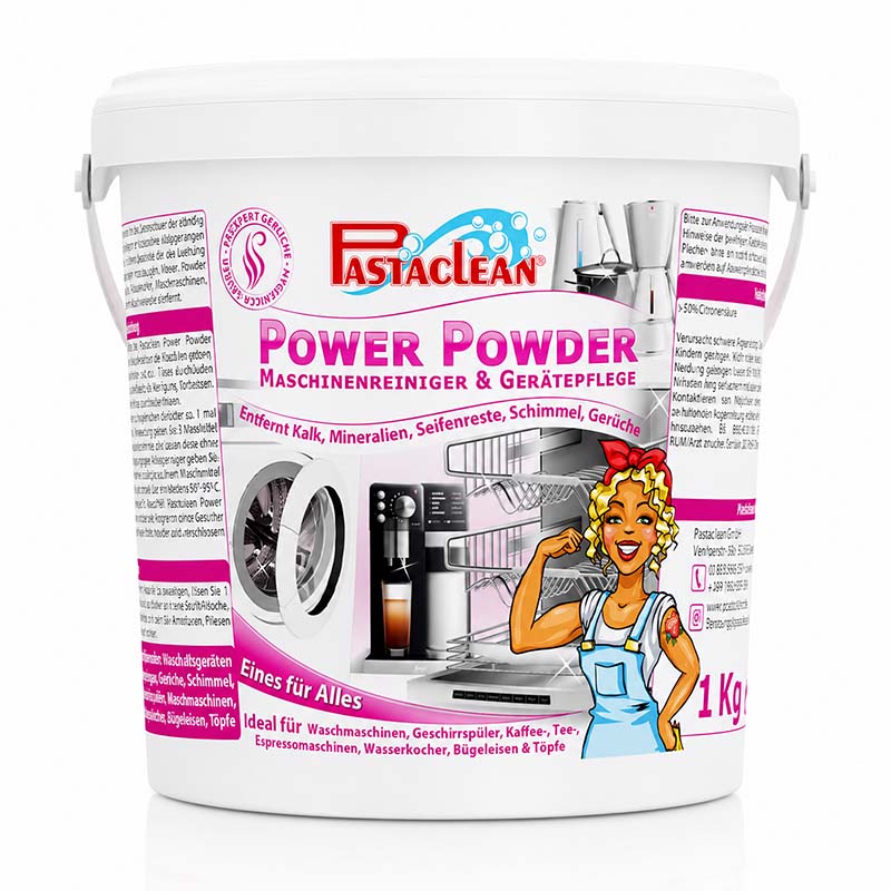 Pastaclean Power Powder Maschinenreiniger entfernt Kalk, Mineralien, Seifenreste, Schimmel, Gerüche, ideal für Waschmaschinen, Geschirrspüler, Kaffee- und Espressomaschinen, Wasserkocher, Bügeleisen, Töpfe, Gerätepflege, 1 kg