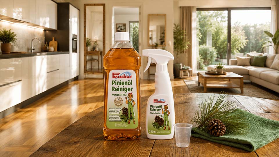 Pastaclean Pinienöl Reiniger Konzentrat mit Mischflasche auf einem Holztisch in einem modernen Wohnraum. Das Bild zeigt die vielseitige Anwendung des Pinienöl Reinigers für Parkett, Holzoberflächen, Küchenfronten, Fenster und viele weitere Bereiche im Haushalt.