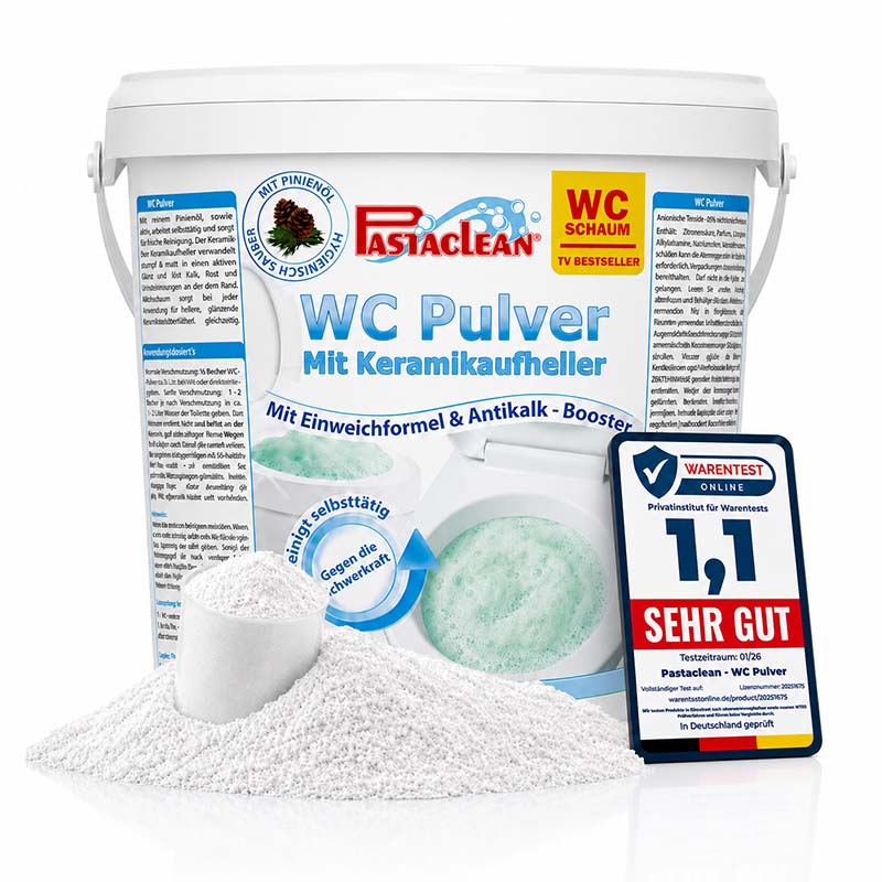 Pastaclean WC Schaumreiniger entfernt Kalk und Urinstein für Toiletten, 1 kg Behälter mit Einweichformel und Antikalk-Booster für effektive Reinigung im Bad.