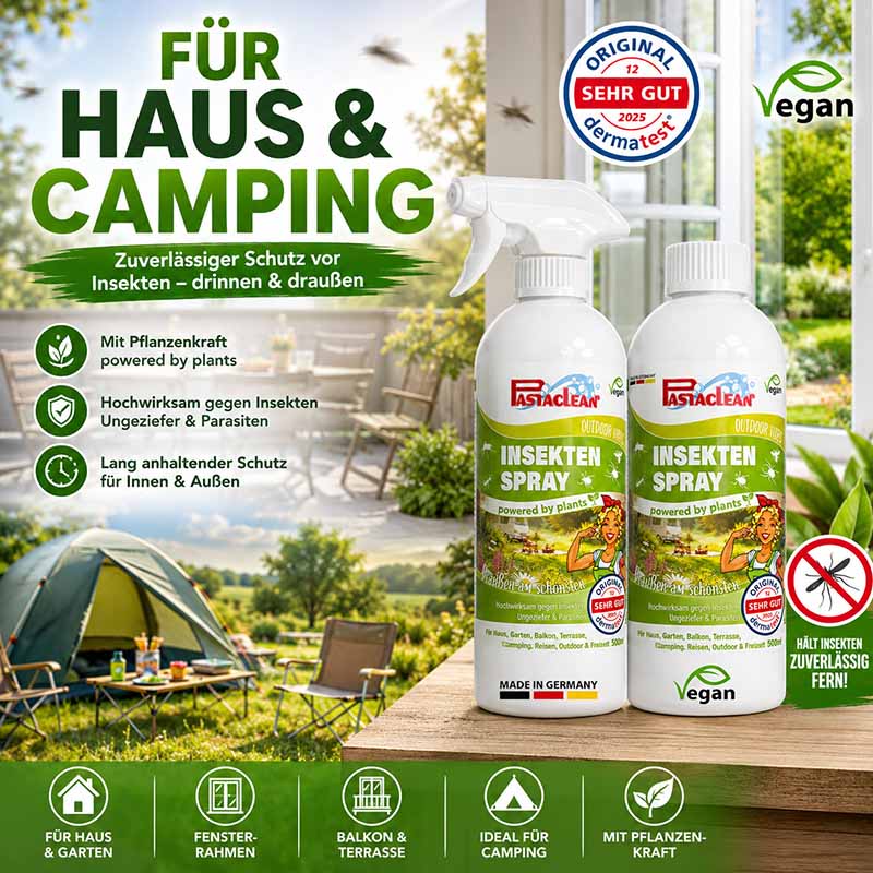 Pastaclean Insektenabwehr Spray, 2x 500 ml, pflanzlicher Insektenschutz für Haus, Garten und Camping, wirksam gegen Ungeziefer, langanhaltender Schutz für innen und außen, vegan, ideal für Fensterrahmen, Balkon und Terrasse.