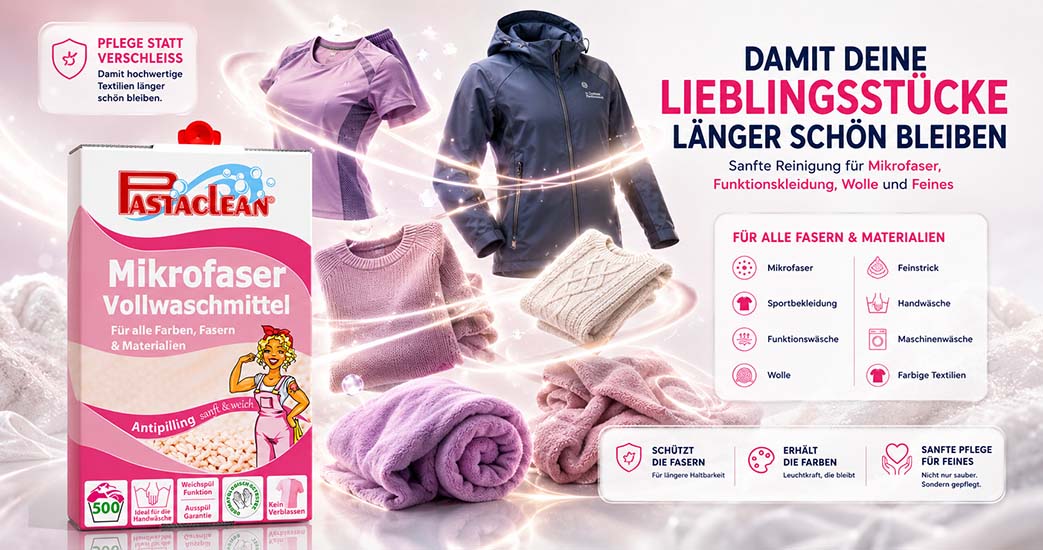 Pastaclean Mikrofaservollwaschmittel, geeignet für Mikrofaser, Sportbekleidung, Funktionswäsche, Wolle. Antipilling, Schutz der Fasern und Farbenerhalt. Ideal für Handwäsche und Maschinenwäsche. Pflege für alle Fasern und Materialien.