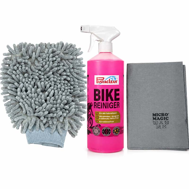 Pastaclean Fahrrad Reinigungsset mit Fahrradreiniger 1000ml, grauem Waschhandschuh und Micro Magic Poliertuch zur Pflege und Reinigung von Fahrrädern, geeignet für alle Fahrradtypen und E-Bikes.