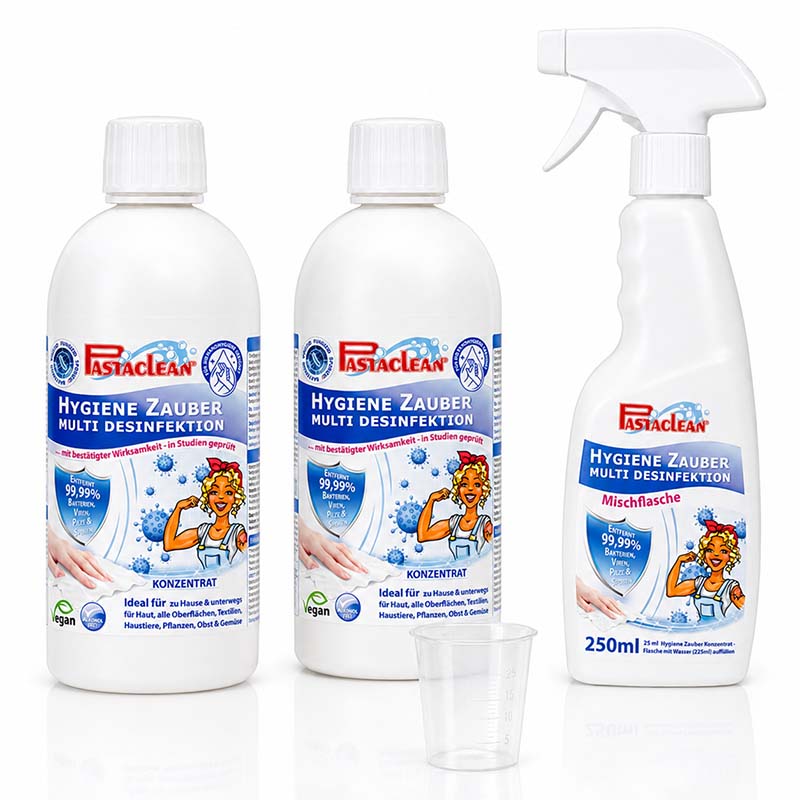 Pastaclean Flächendesinfektion Konzentrat Hygiene Zauber Desinfektionsmittel für Oberflächen, 2x 500 ml, gründliche Reinigung und Desinfektion im Haushalt und auf Textilien.
