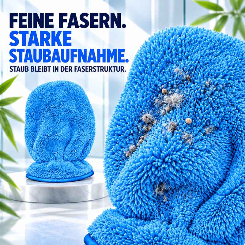 Bambus-Reinigungshandschuhe 2er-Set blau für Haushalt und Auto, feine Fasern, starke Staubaufnahme, ideal für gründliche Reinigung von Oberflächen, sanft zu Materialien.