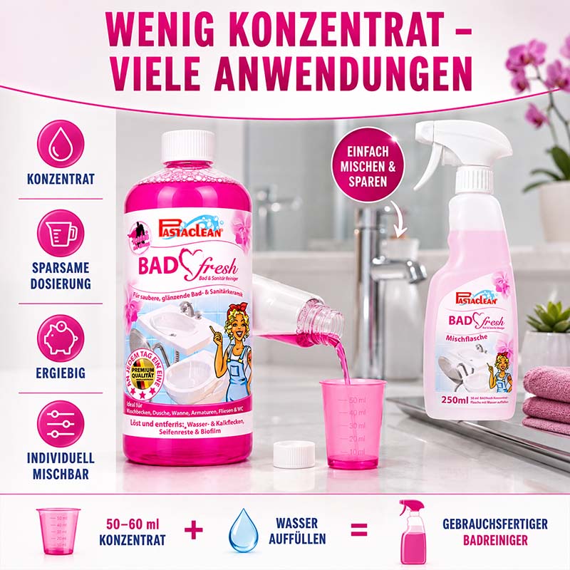 Badfresh Sanitärreiniger Konzentrat, 1 Liter Flasche, für Bad und Sanitärreinigung, sparsames Dosieren, ergiebig, individuell mischbar, entfernt Kalk, Seifenreste, für Badewanne, Dusche, WC, Mischflasche 250 ml enthalten, effektiv reinigen.