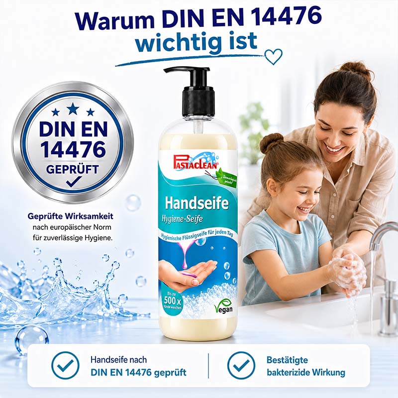 Handseife 1000 ml, bis zu 500 Anwendungen, vegan, geprüft nach DIN EN 14476, zertifizierte Hygiene Seife mit bakterizider Wirkung, Pastaclean Qualitätsprodukt, für zuverlässige Hygiene und tägliche Anwendung, Flüssigseife für Hände, Hygieneprodukt.