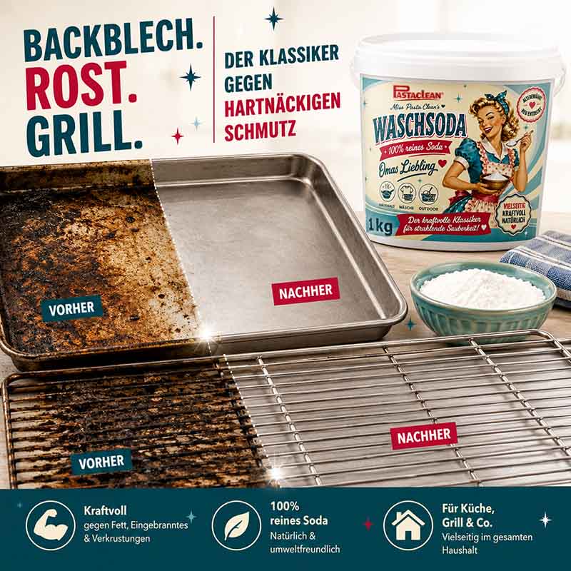 Pastaclean Waschsoda 1 kg, 100% reine Soda, für effektive Entfernung von Fett, Schmutz und Flecken in Haushalt, Wäsche und Garten, vielseitig einsetzbar für Backblech, Rost und Grillreinigung.