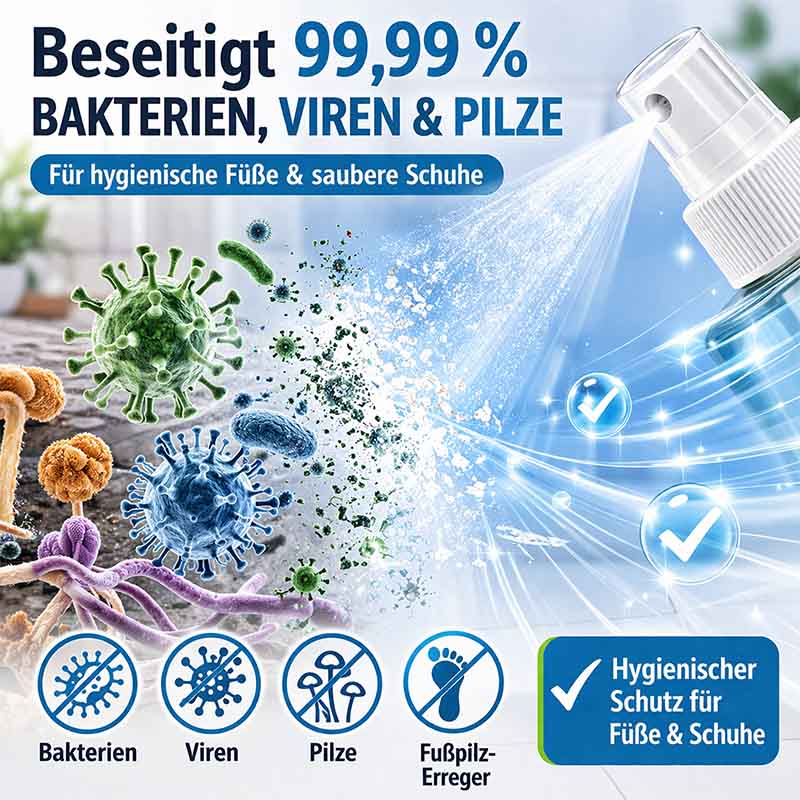 Desinfektionsspray gegen Bakterien, Viren und Pilze für hygienische Füße und Schuhe, beseitigt 99,99% der Fußpilz-Erreger, ideal zur Geruchsbekämpfung, 2x 250 ml Sprühflaschen, schützt effektiv und sorgt für Frische.