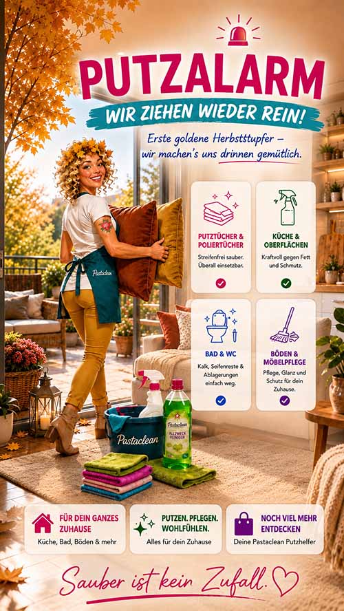 Pastaclean Putzalarm Kampagne mit Putz- und Poliertüchern, Reinigungsmitteln für Küche, Bad und Möbelpflege, betont Sauberkeit und Wohlbefinden zu Hause.