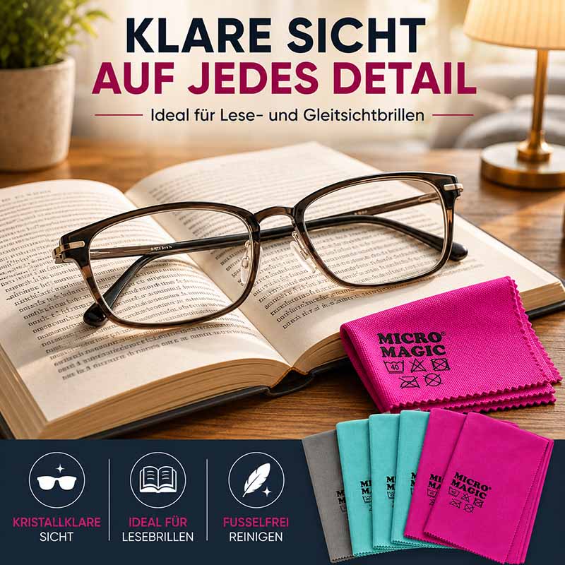 Micro Magic Glas- & Poliertücher 5tlg, ideal für Brillenreinigung, entfernen Staub und Schmutz, geeignet für Lese- und Gleitsichtbrillen, fusselfreies, buntes Set für kristallklare Sicht.