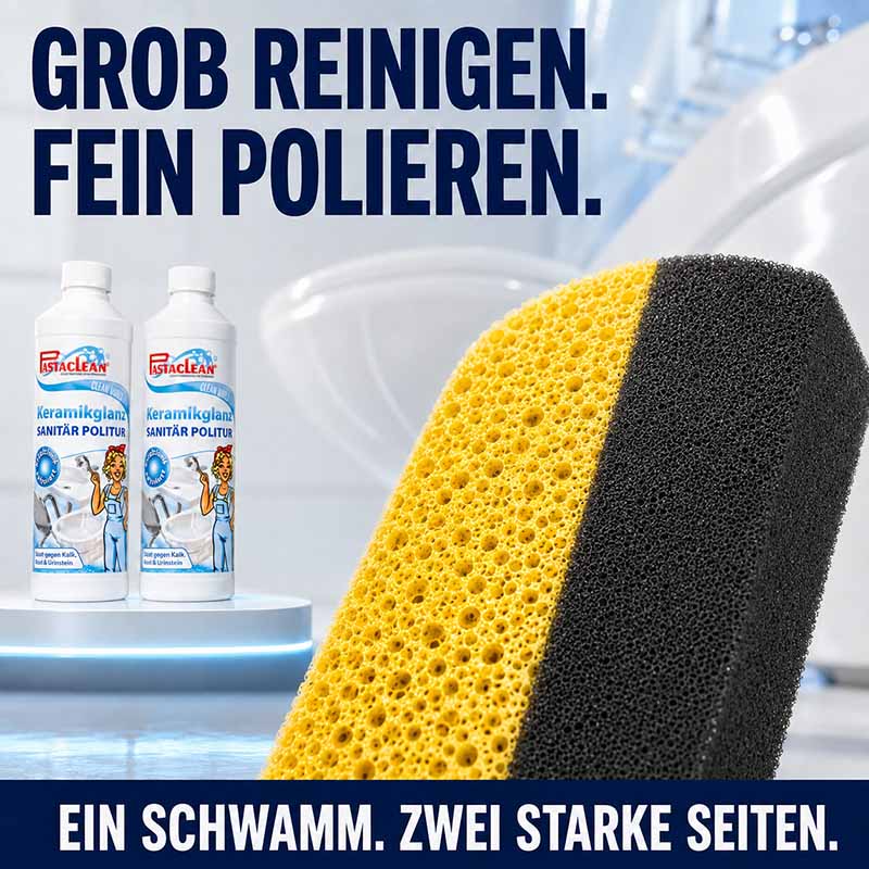Pastaclean Sanitärpolitur Set mit 2x 500ml Flaschen und Schwämme zur Reinigung und Politur von Keramikoberflächen, ideal für Bad und Küche, bietet effektive Entfernung von Kalk und Glanz in sanitären Bereichen.