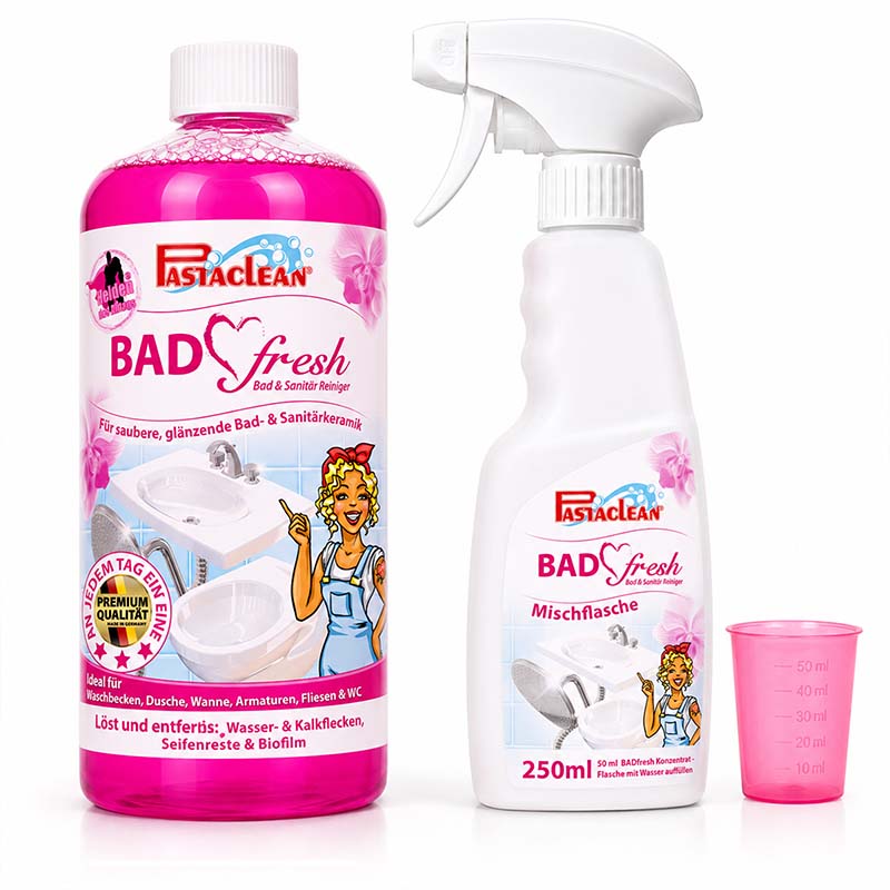 Pastaclean Badfresh Sanitärreiniger 1 Liter, Reinigungsmittel für Bad und Sanitärkeramik, inklusive Mischflasche, entfernt Kalk- und Wasserflecken, für Waschbecken, Dusche, Wanne, Fliesen, WC, Seifenreste, Biofilm, premium Qualität