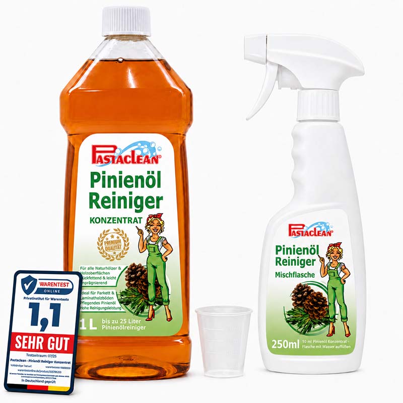 Pastaclean Pinienölreiniger Konzentrat 1000ml mit Mischflasche, Allzweckreiniger für Böden und Oberflächen, ideal für natürliche Reinigung und Frische im Haushalt.