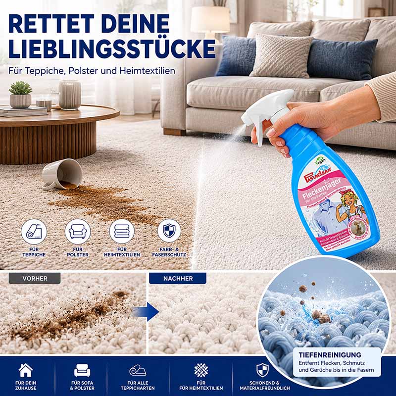 Fleckenjäger Fleckenentferner Spray 750 ml für Teppiche und Polster, inklusive Schwamm. Vorher-Nachher-Darstellung zeigt effektive Entfernung von Schmutz und Flecken. Ideal für Heimtextilien, Teppichreinigung, Polsterpflege.