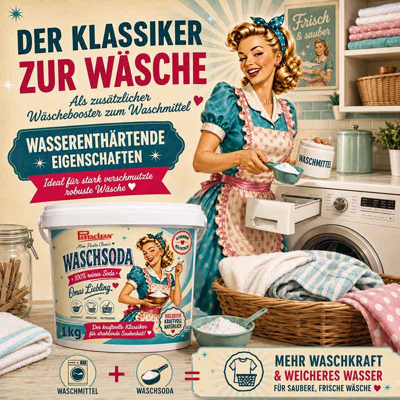 Pastaclean Waschsoda 1 kg, 100% reine Soda zur Entfernung von Fett, Schmutz und Flecken, ideal als Waschbooster für stark verschmutzte Wäsche, mit wasserenthärtenden Eigenschaften für Haushalt, Wäsche und Garten.