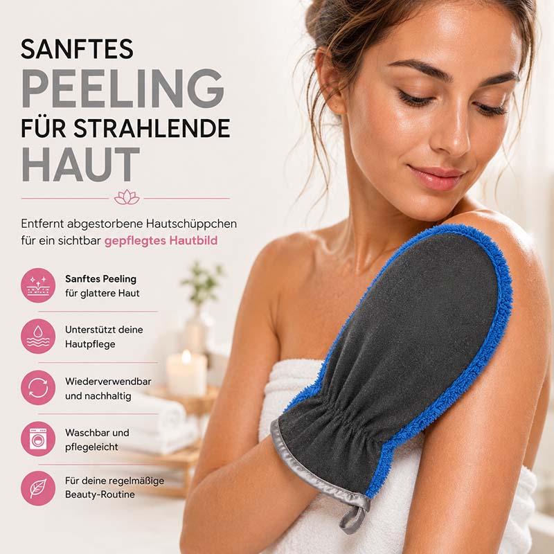 Peelinghandschuh & Waschhandschuh 3er Set Taubenblau für Gesicht, Körper, Dusche und Make-up Entfernung, geeignet für sanftes Peeling, regelmäßige Beauty-Routine und unterstützende Hautpflege, wiederverwendbar und waschbar.