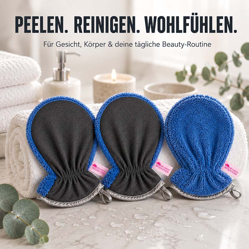 Peelinghandschuh & Waschhandschuh 3er Set in Taubenblau, ideal für Gesicht, Körper, Dusche und Make-up Entfernung, verbessert die tägliche Beauty-Routine durch sanftes Peeling und Reinigung.