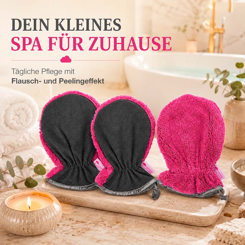 Peelinghandschuh und Waschhandschuh 3er Set in Beere für Gesicht, Körper, Dusche und Make-up Entfernung, ideal für tägliche Pflege mit Flausch- und Peelingeffekt im Badezimmer.