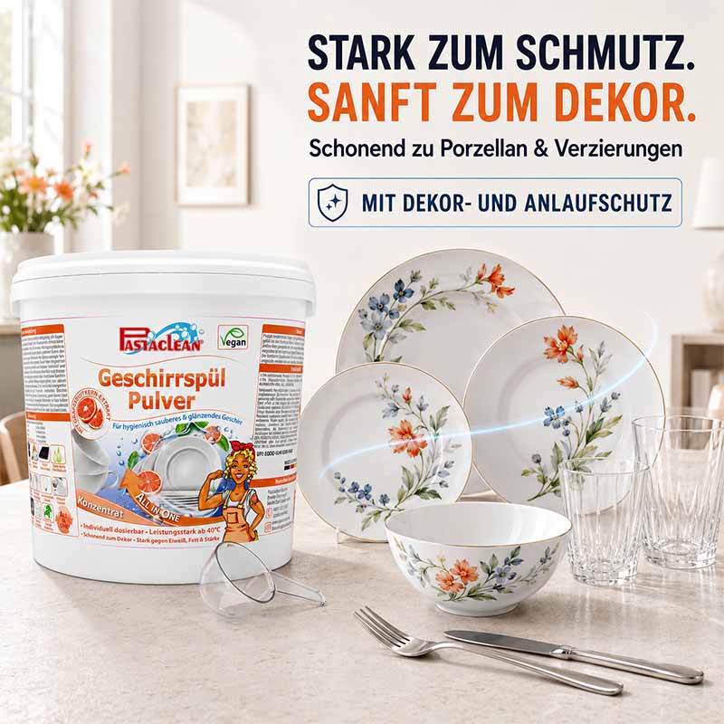 Pastaclean Geschirrspülpulver 2 kg für hygienisch sauberes, glänzendes Geschirr, schonend zu Porzellan und Verzierungen, mit Dekor- und Anlaufschutz, vegan.