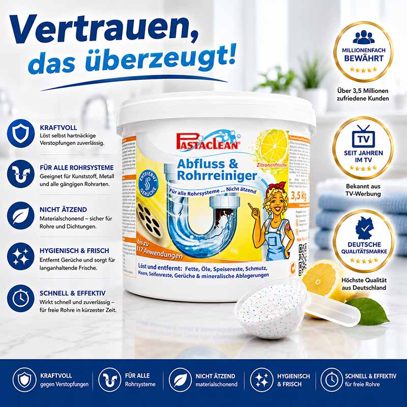 Pastaclean Abfluss- und Rohrreiniger Zitrone 4kg, nicht ätzend, geeignet für Kunststoff, Metall, Rohre; entfernt Fette, Öle, Gerüche; kraftvoll, hygienisch, frische Reinigung; deutsche Qualitätsmarke, bekannt aus TV-Werbung; über 3,5 Millionen Kunden.