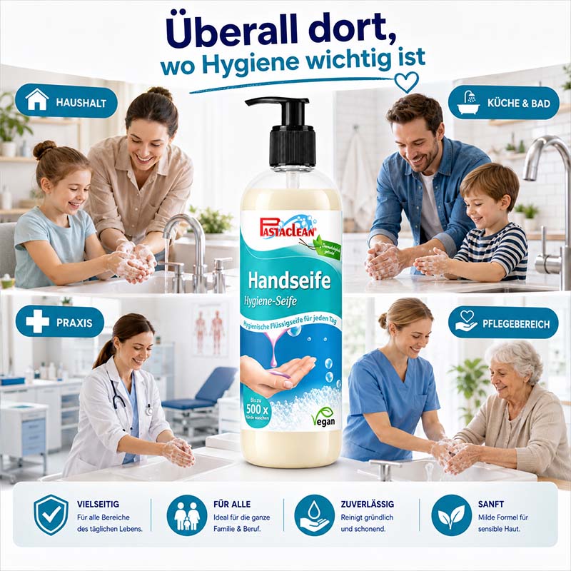 Handseife 1000 ml, Hygieneseife, für 500x Hände waschen, vielseitig einsetzbar in Haushalt, Praxis, Pflegebereich, Küche und Bad, gründlich reinigend, sanfte Formel, vegan, ideal für Familie und Beruf, Pastaclean Markenprodukt, Hautschonend.