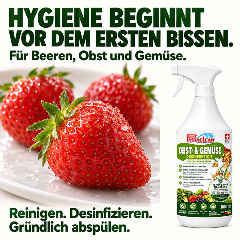 Pastaclean Obst und Gemüse Desinfektion 1L Reiniger für Lebensmittel Reinigung und Desinfektion von Beeren, Obst und Gemüse, ideal für hygienisches Waschen und sichere Verwendung.