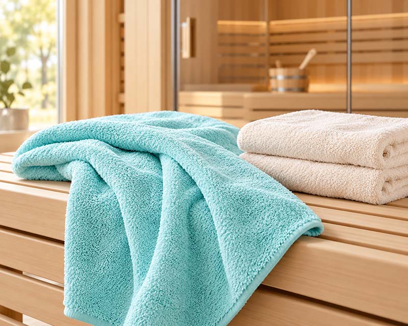 Pastaclean Badetuch auf einer Holzbank im Wellnessbereich