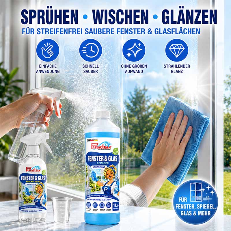 Fensterreiniger Konzentrat 1 Liter für streifenfreie Reinigung von Fenstern, Spiegeln, Duschkabinen und Glasflächen. Einfache Anwendung, schneller Glanz. Ideal für Fenster, Spiegel, Glas. Saubere Ergebnisse ohne Aufwand.