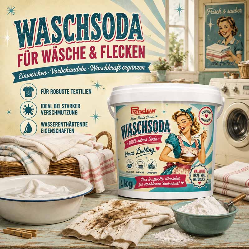 Pastaclean Waschsoda 1 kg reine Soda zur Entfernung von Fett, Schmutz und Flecken, geeignet für Wäsche, Haushalt und Garten, ideal zum Vorbehandeln und Waschkraft ergänzen