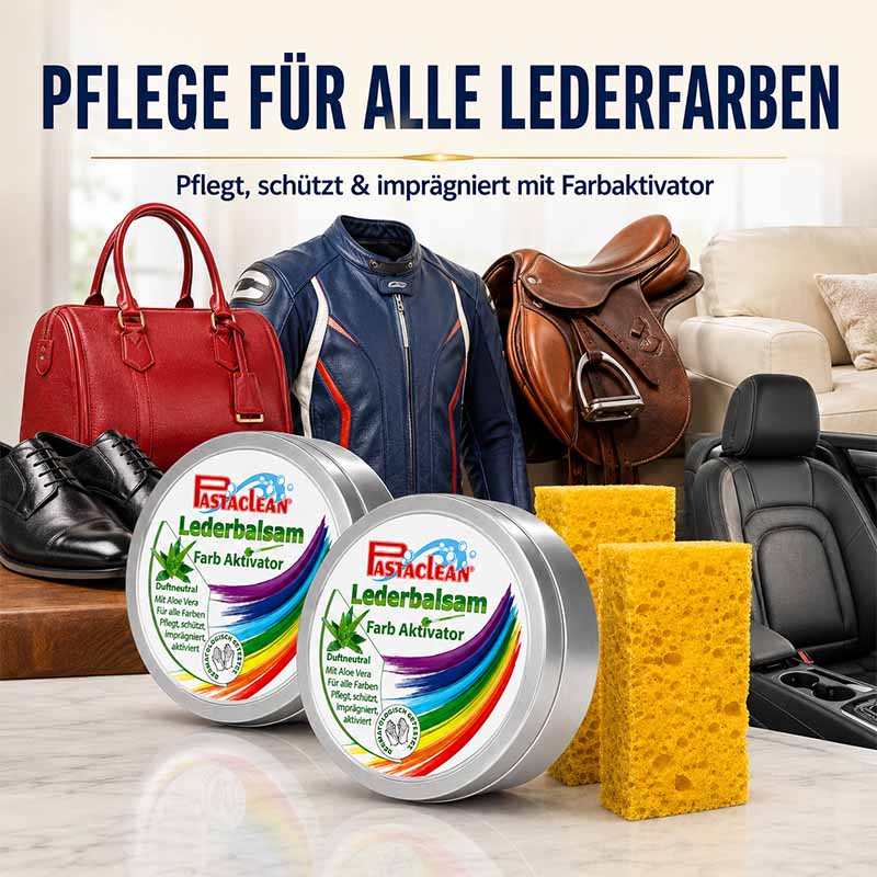 Pastaclean Lederpflege Set, 2x 250 ml, Lederbalsam mit Farbakivator zur Pflege, Schutz und Imprägnierung von Lederfarben, ideal für Taschen, Jacken und Autositze.