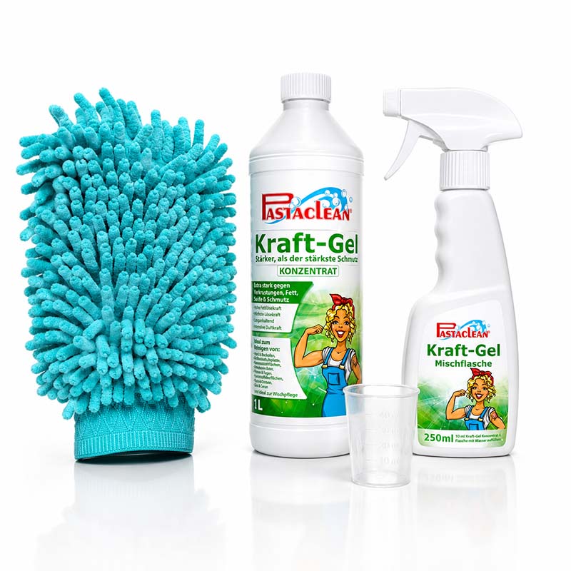 Pastaclean Kraftgel 1 l mit Reinigungshandschuh und Zubehör für effektive Reinigung von Verschmutzungen, Fett und Schmutz auf Oberflächen, ideal für Haushalt und Küche.