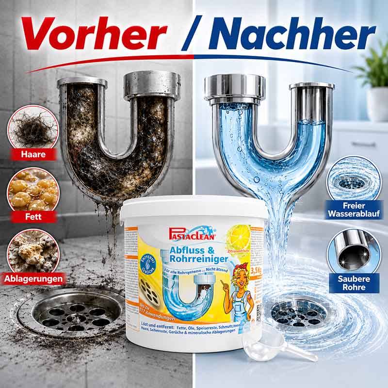 Pastaclean Abfluss- & Rohrreiniger Zitrone 4kg, Vorher-Nachher-Effekt, entfernt Haare, Fett, Ablagerungen, sorgt für freien Wasserablauf, saubere Rohre, effektiver Rohrreiniger, Abflussreiniger, Rohrreinigung, hygienische Sauberkeit, keine Gerüche.