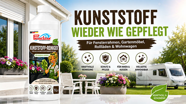 Pastaclean Kunststoff-Reiniger für Fensterrahmen, Gartenmöbel, Rollläden und Wohnwagen, kraftvolle Reinigung, Schutz und Pflege, für innen und außen, vielseitig anwendbar.