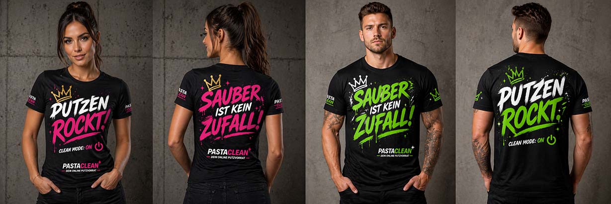 Modell trägt schwarzes T-Shirt mit Aufdruck "Putzen rockt", "Sauber ist kein Zufall" und Pastaclean-Logo. Kleidungsstück für Reinigungsfans, Freizeitmode, Statement-T-Shirt, Baumwolle, casual Style, Unisex, Streetwear, modernes Design.