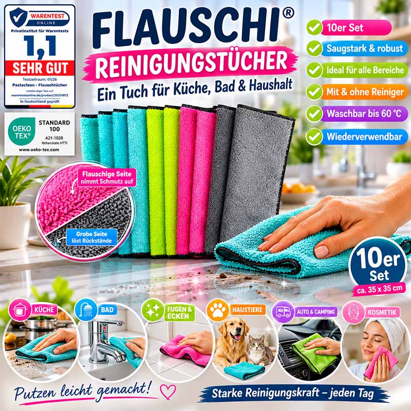 Flauschi Reinigungstücher 10er Set, ideal für Küche, Bad und Haushalt, waschbar bis 60°C, saugstark, mit flauschiger und grober Seite zur effektiven Schmutzentfernung, für Fugen, Ecken, Auto und Haustiere geeignet.