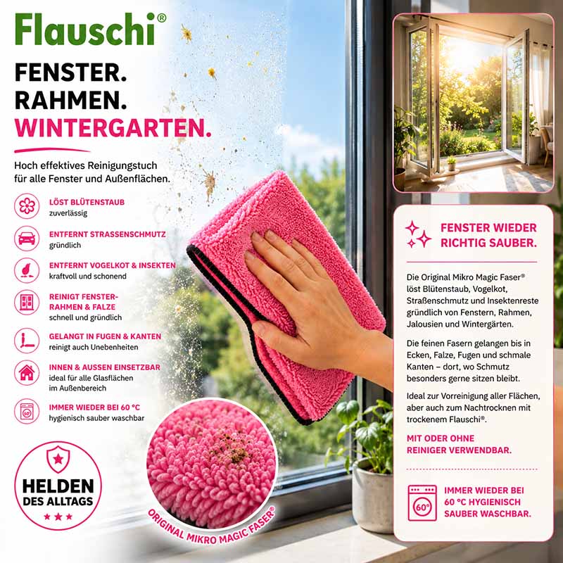 Flauschi Flauschtücher Mikrofasertuch Set antibakteriell für Fensterreinigung innen und außen, ideal für Fensterrahmen und Wintergärten, hygienisch waschbar bis 60°C, 10-teiliges Set, reinigt effizient und gründlich.