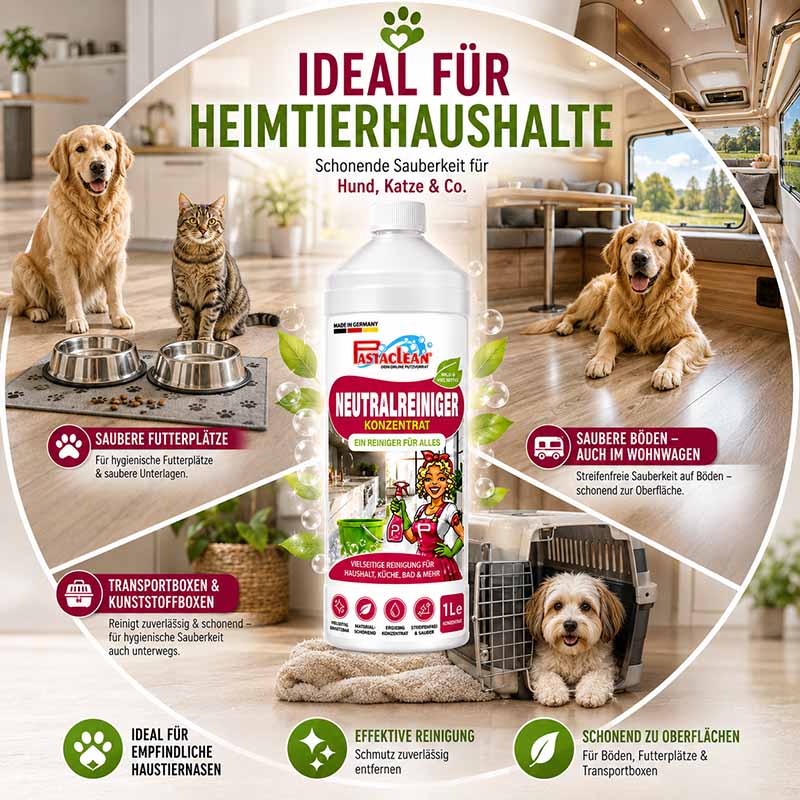 Pastaclean Neutralreiniger Konzentrat 1 L Allzweckreiniger für Küche, Bad, Böden und Fenster, ideal für Tierhaushalte, schont Oberflächen, entfernt Schmutz, hygienische Sauberkeit für Futterplätze und Transportboxen.