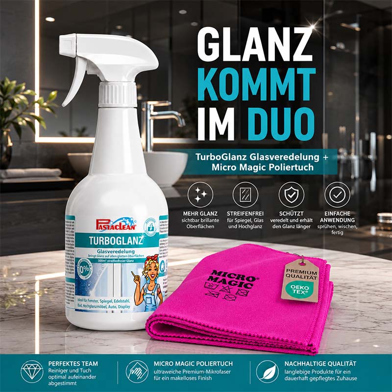 Pastaclean TurboGlanz Glasreiniger Glasveredelung für Glas, Spiegel, Displays, Edelstahl, Lack, Hochglanzflächen, 750 ml mit Poliertuch, für streifenfreies, glänzendes Finish in Innenräumen, ideal zum Reinigen und Schützen.