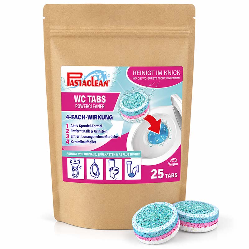 WC Tabs 25 Stück, Powercleaner, 4-fach Wirkung, entfernt Kalk, Urinstein, unangenehme Gerüche, für WC, Spülkasten, Urinale, reinigt mit Aktiv-Sprudel-Formel, vegan, Keramikaufheller, Pastaclean Verpackung.